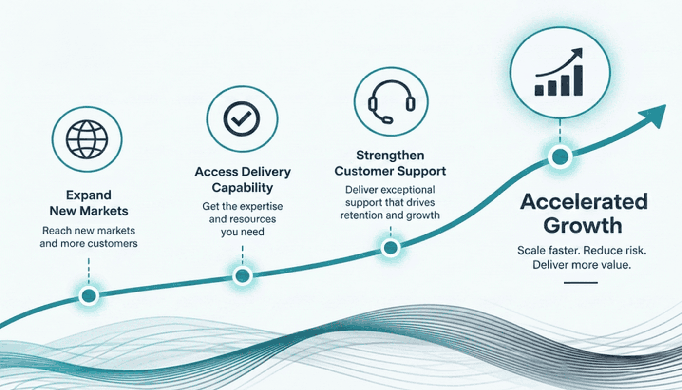 Infographic illustrating the software vendor growth journey through reseller partnerships and sales outsourcing, expanding into new markets, strengthening customer support and accelerating sustainable business growth.