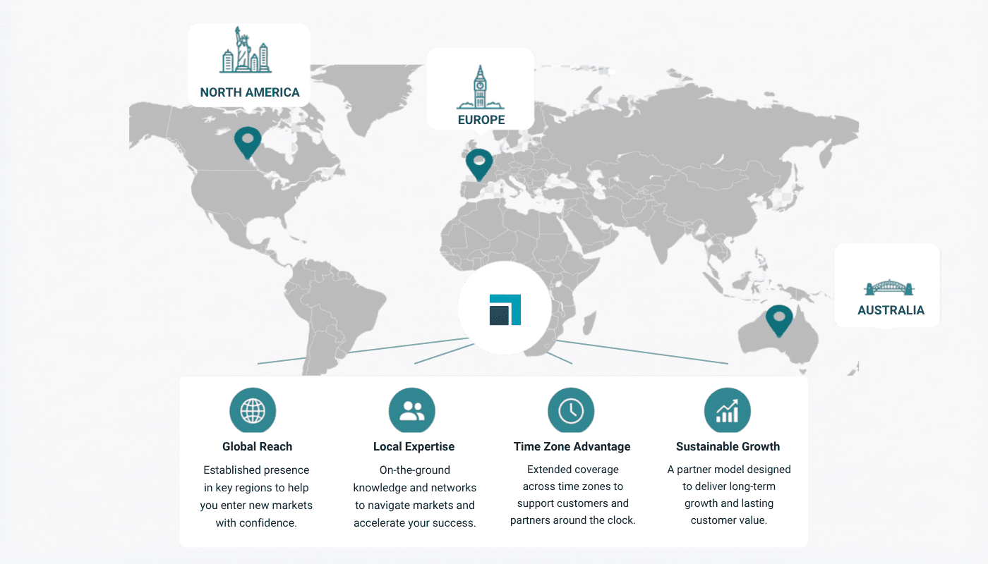 World map infographic showing Inside Edge's global reseller partnership network across North America, Europe and Australia, highlighting global reach, local expertise, time zone coverage and sustainable growth for software vendors.