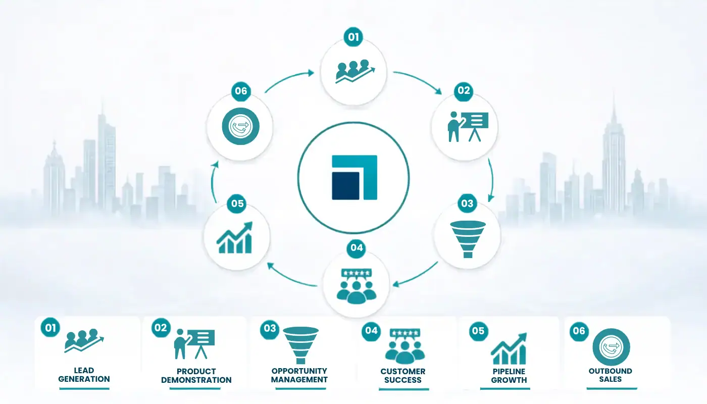 Diagram showing the sales outsourcing process for software vendors, including lead generation, product demonstrations, opportunity management, customer success, pipeline growth and outbound sales.