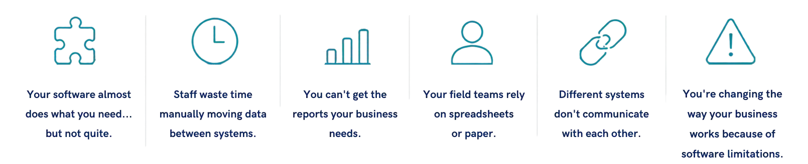 Common software challenges including disconnected systems, manual processes, reporting limitations and spreadsheet reliance.