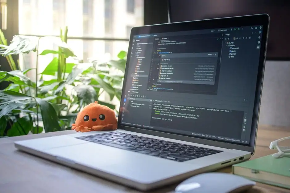 Laptop displaying software development code on a desk